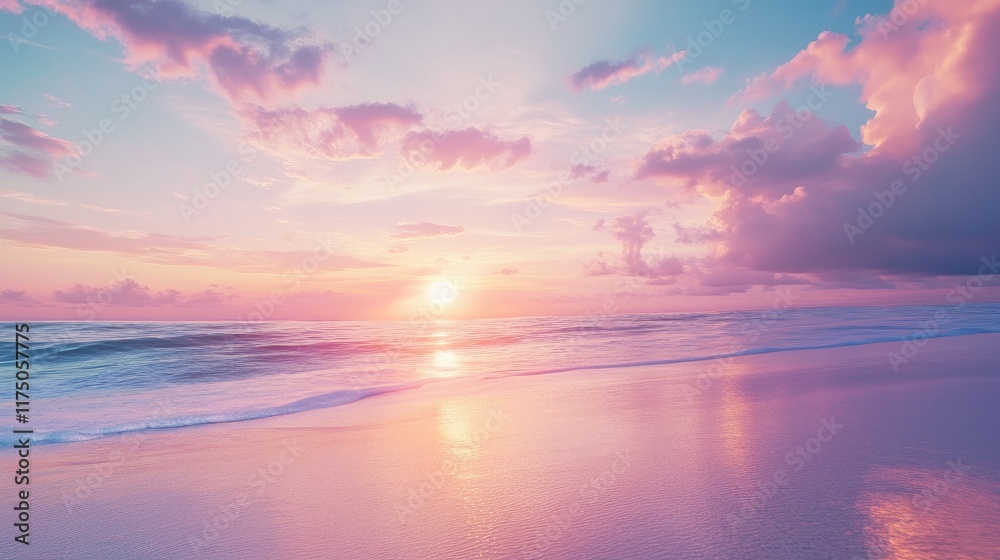 Fototapeta premium Serene beach sunset with vibrant colors reflecting on calm ocean waves and dramatic clouds on the horizon