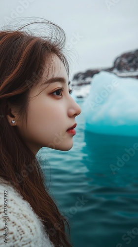 Profile portrait of a young Asian woman with flowing dark hair against turquoise ocean waters and rocky coastline, wearing a cozy cream sweater in moody winter atmosphere. photo