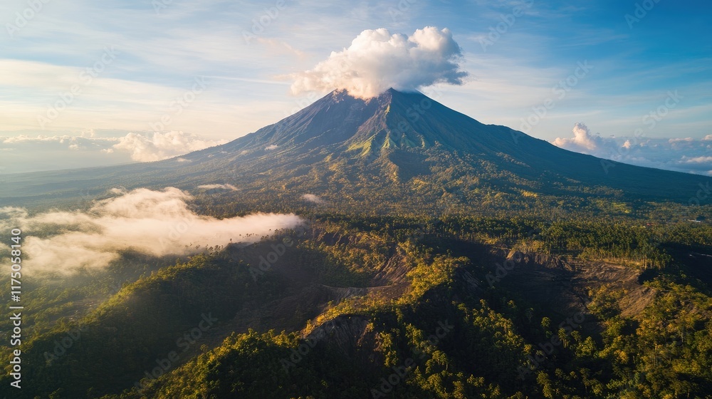 Obraz premium Aerial view of a majestic volcano surrounded by lush greenery and clouds under a vibrant sunrise illuminating the stunning landscape.