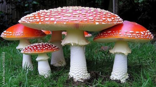 Amanita Muscaria mushrooms in natural setting with vibrant red caps and white spots showcasing their poisonous beauty and ecological significance photo