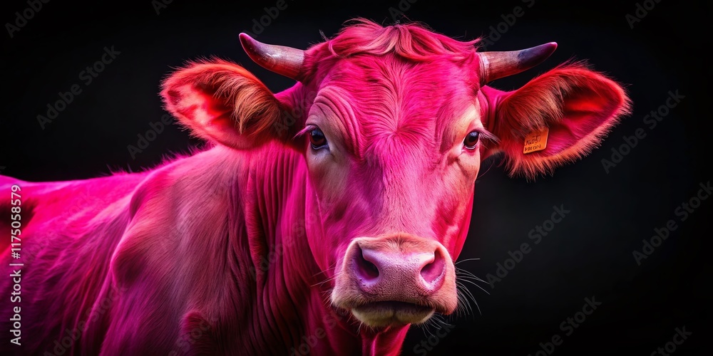 Pink Cow Head, Black Background, Red Mark - Quirky Farm Animal Stock Photo Pink Cow Head, Black Background, Red Mark - Quirky Farm Animal Stock Photo