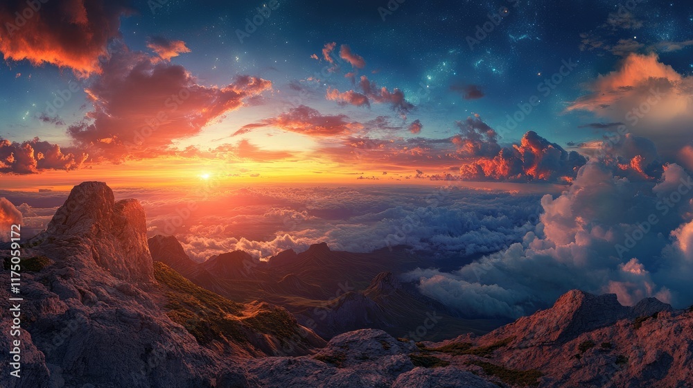 Fototapeta premium Breathtaking Panoramic Sunset Over Mountainous Landscape with Vibrant Colors and Dramatic Clouds