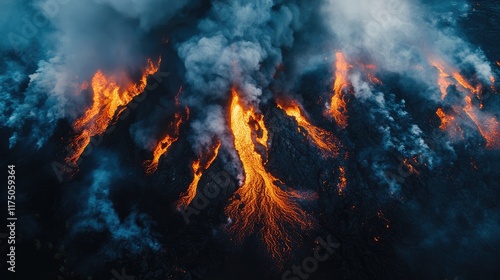 Aerial View of Lavascape Erupting from Volcano with Dramatic Smoke and Copyspace for Text Integration photo