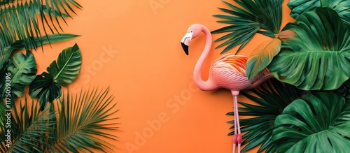 Tropical summer banner with vibrant palm leaves and pink flamingo on an orange background ideal for vacation travel promotions and advertising. photo