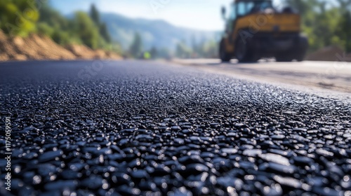 Close-Up Focus on Newly Laid Asphalt Road with Construction Equipment in Background Capturing Linear Perspective Towards a Distant Horizon photo