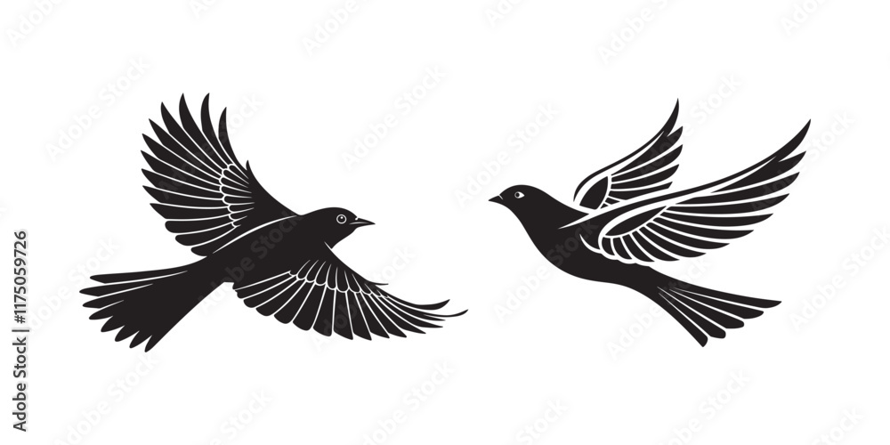 Fototapeta premium Two black silhouette birds flying towards each other with detailed wings on a white background, perfect for nature and wildlife themes in vector illustrations