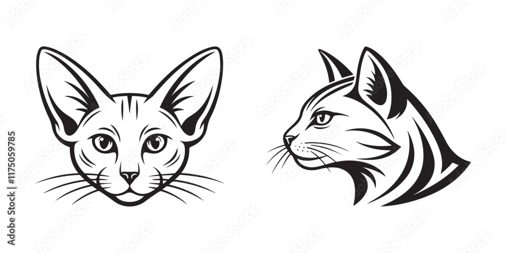 Artistic black and white illustration of a cat's face with large ears and detailed features, perfect for tattoo designs, logos, and graphic art projects Artistic black and white illustration of a cat's face with large ears and detailed features, perfect for tattoo designs, logos, and graphic art projects