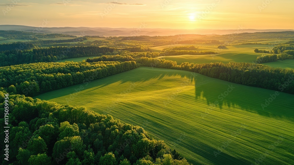 Naklejka premium Aerial view of lush green fields and forests at sunset showcasing vibrant colors with ample space for text overlay and creative design