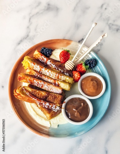 French toast sticks with cream, berries, honey and chocolate dipping sauces on marble table photo