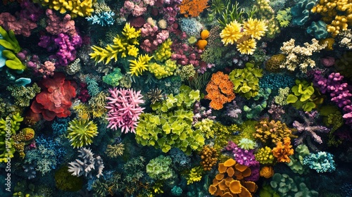 Vibrant underwater ecosystem with colorful coral reefs and aquatic plants showcasing biodiversity and providing ample space for text placement photo