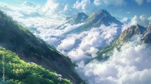 Majestic mountain landscape with stunning clouds and lush greenery under a bright sky photo