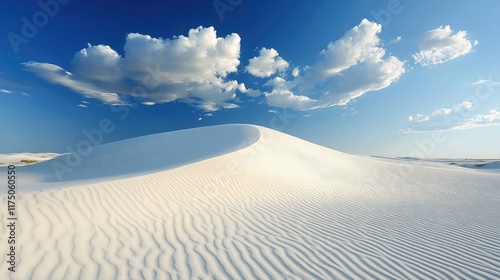 Fototapeta Naklejka Na Ścianę i Meble -  Breathtaking view of pristine white sand dunes under a vibrant blue sky with fluffy clouds in a serene desert landscape.