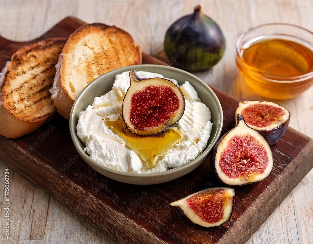 Ricotta cheese with figs, honey and toasted bread for italian breakfast Ricotta cheese with figs, honey and toasted bread for italian breakfast