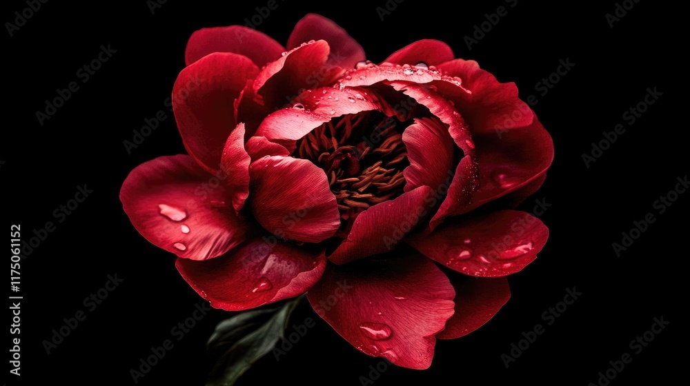 Elegant red peony flower with raindrops on petals against a black background showcasing beauty and freshness in floral photography Elegant red peony flower with raindrops on petals against a black background showcasing beauty and freshness in floral photography