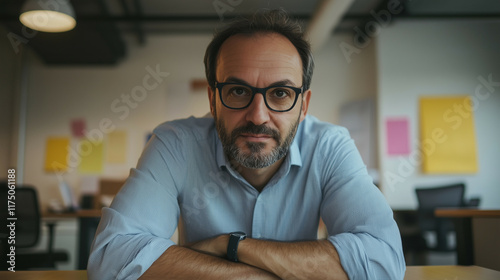 Male manager with an intense look, leaning on a table in a spacious office, while a subordinate nervously explains something.
