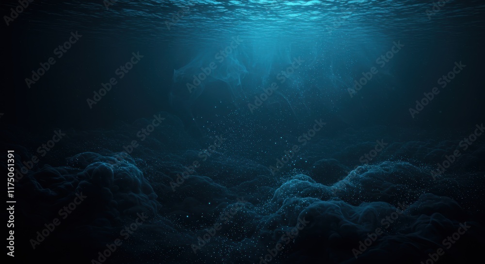 Obraz premium underwater scene, deep blue ocean, sunbeams penetrating water, ethereal light rays, submerged cave, bubbles rising, particles floating, mysterious atmosphere, dark depths, aquatic environment, serene