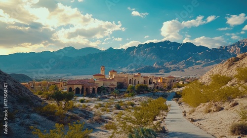 Panoramic view of a picturesque desert town nestled against a majestic mountain range under a dramatic sky