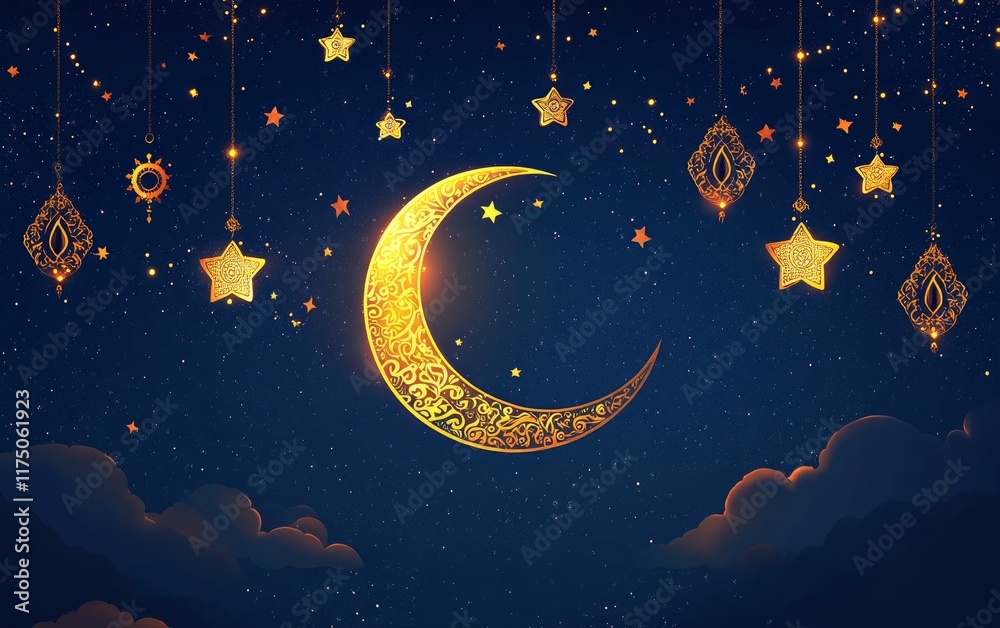 Naklejka premium Beautiful night sky with a crescent moon and stars, and sunset clouds. This background is suitable for a Ramadan Kareem celebration or Iftar party banner template with copy space for text.