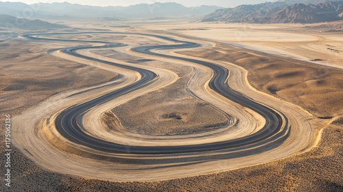 Aerial view of winding roads in a vast desert landscape with ample negative space for text placement and creative designs photo