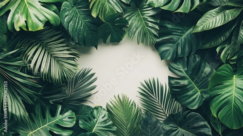 Aerial view of lush tropical leaves creating a natural frame with ample copyspace for text or branding on a light background