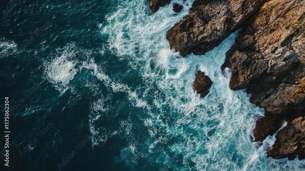 Obraz premium Aerial view of ocean waves crashing against rocky shoreline with clear space for text or branding placement
