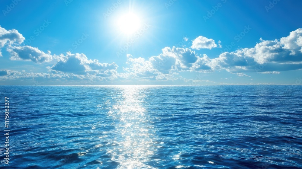 Fototapeta premium Vibrant seascape with glimmering water under a bright sun and scattered fluffy clouds in a clear blue sky