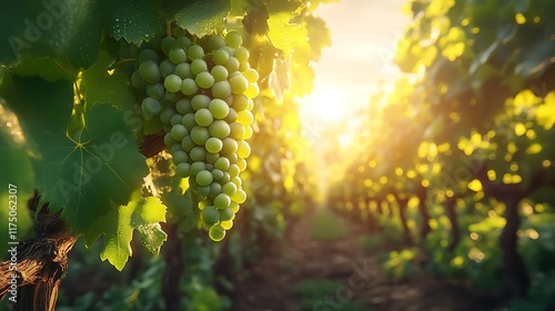 Sunlit Vineyard: Golden Hour Grapes, Lush Foliage, Serene Scene photo