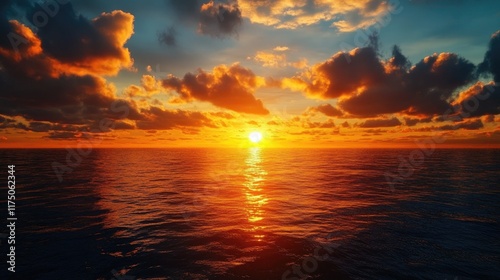 Breathtaking sunset over calm ocean waters with vibrant colors and dramatic clouds illuminating the sky at twilight
