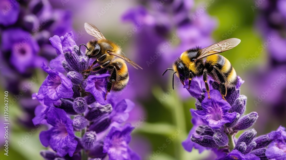 Two Bumblebees Gathering Pollen From Lavender Flowers Two Bumblebees Gathering Pollen From Lavender Flowers
