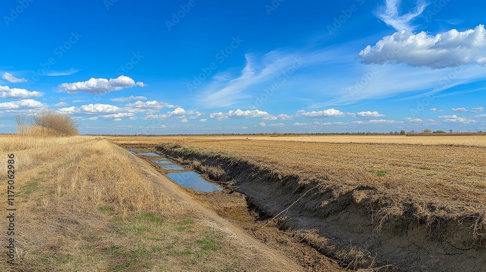 Fototapeta premium Cracked irrigation canal in a drought-stricken agricultural field under a vast sky.