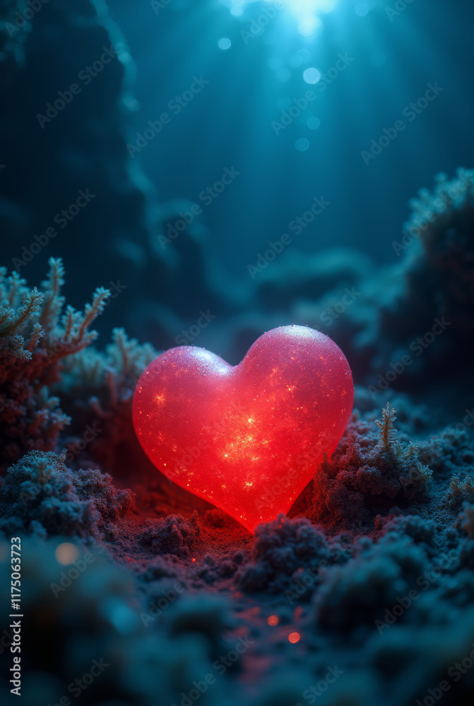 A Glowing Red Heart Resting on the Ocean Floor Surrounded by Bioluminescent Coral and Tiny Glowing Fish A Glowing Red Heart Resting on the Ocean Floor Surrounded by Bioluminescent Coral and Tiny Glowing Fish