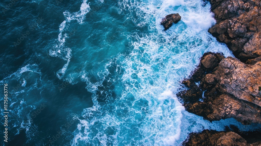 Obraz premium Aerial view of waves crashing on rocky shore with clear space for text in a serene coastal landscape capturing nature's beauty