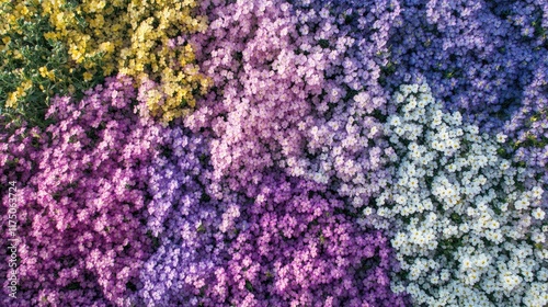 Vibrant carpet of Alyssum saxatile flowers in various colors forming a stunning floral landscape design for gardening and landscaping applications photo