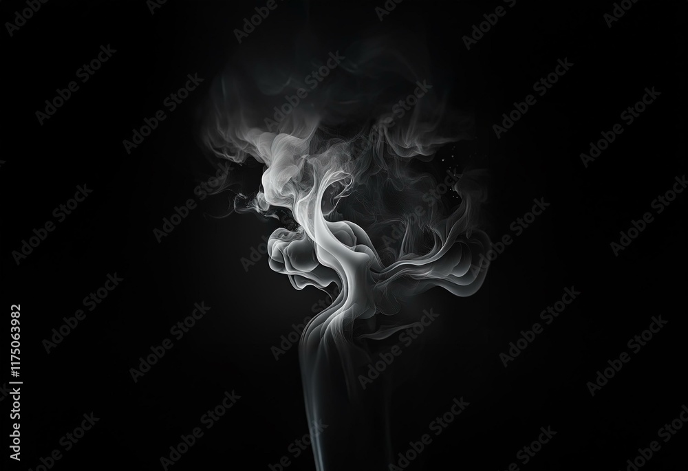 White smoke swirls in a wispy pattern against a black background. White smoke swirls in a wispy pattern against a black background.