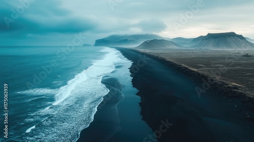 Dramatic view of black sand dunes meeting the ocean under moody clouds and misty cliffs in a breathtaking coastal landscape.