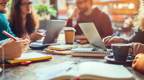 A group of friends meeting at a coffee shop, discussing their personal goals and aspirations over coffee, with laptops and notebooks open in front of them.