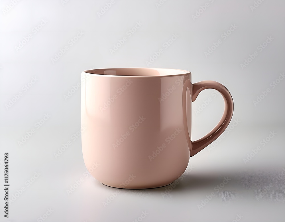 Obraz premium A sleek and modern beige ceramic coffee mug displayed on a neutral-colored surface, perfect for showcasing simplicity and elegance in drinkware design.