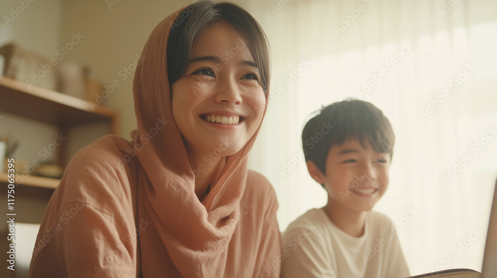 Muslim mother in hijab sharing laughter with her son while studying, bright minimalist room, natural light, sleek furniture, calm colors, and organized environment. Muslim mother in hijab sharing laughter with her son while studying, bright minimalist room, natural light, sleek furniture, calm colors, and organized environment.