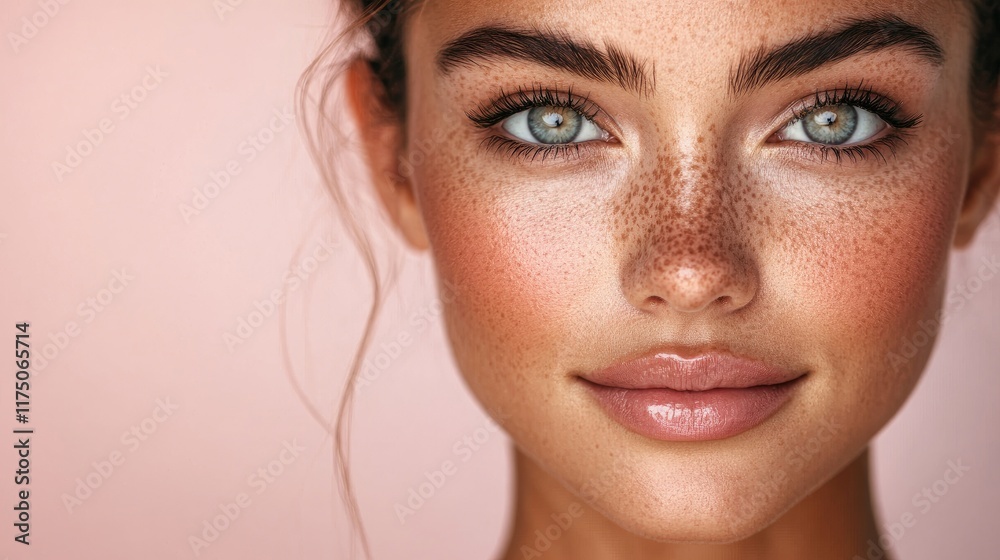 Closeup Portrait of a Woman with Freckles and Blue Eyes Closeup Portrait of a Woman with Freckles and Blue Eyes