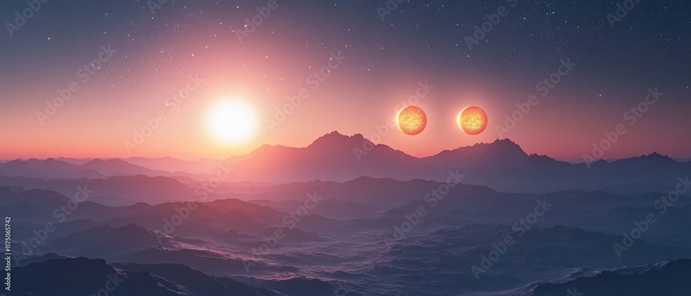 Fototapeta premium Alien sunset over mountains; three suns; fantasy landscape; science fiction; wallpaper