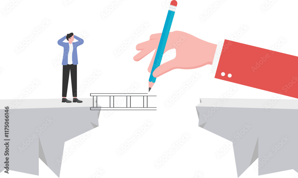 Fototapeta premium Big hand drawing a bridge for help businessman to cross abyss,