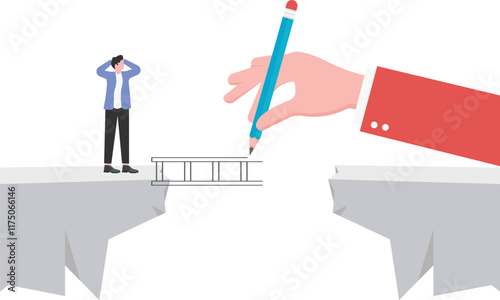 Big hand drawing a bridge for help businessman to cross abyss,

