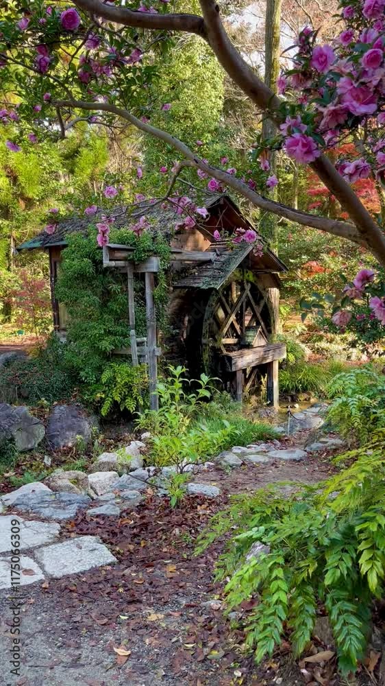 Waterwheel spinning with pink flower in foreground in Kyoto Waterwheel spinning with pink flower in foreground in Kyoto
