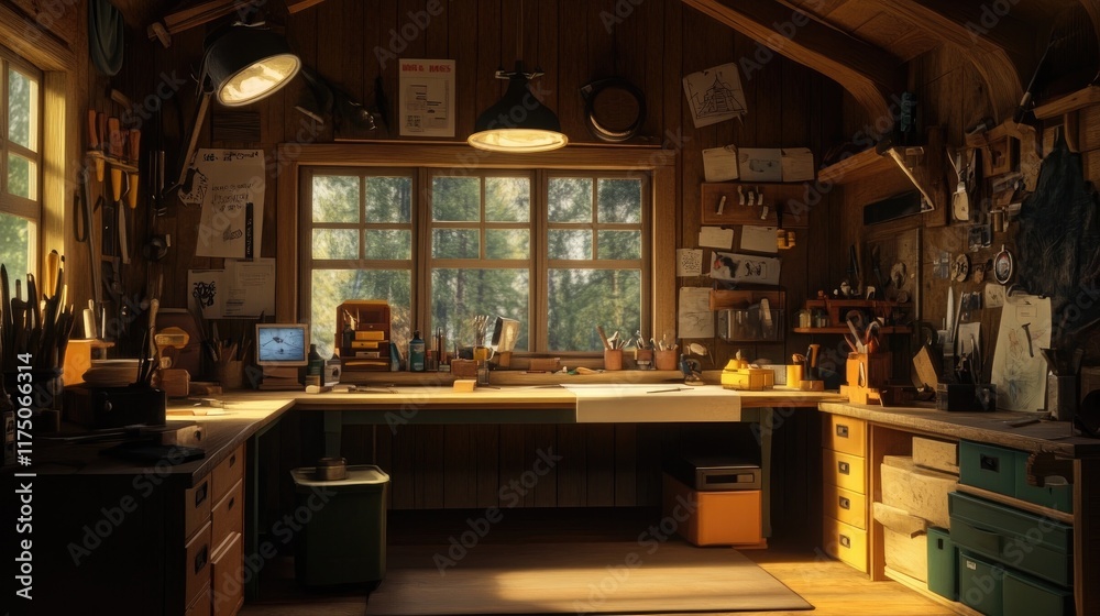Sunlit Wooden Workshop With Tools And Artwork Sunlit Wooden Workshop With Tools And Artwork