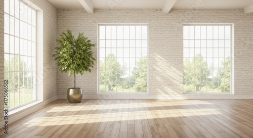 Wallpaper Mural Bright sunlit room, large windows, wooden floor, white brick walls, potted indoor tree, minimalist interior, empty space, natural light, shadows on floor, cozy atmosphere, loft-style, high ceilings, e Torontodigital.ca