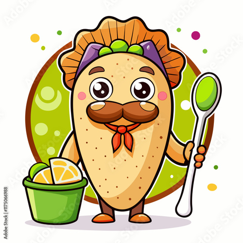 Cartoon Burrito Character Holding Sauce Bowl with Lime Wedge in Playful Vector Art