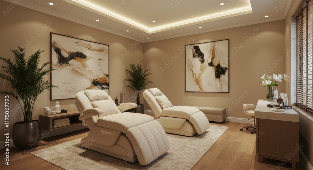 Fototapeta premium luxurious spa room, massage table, cream colored walls, recessed lighting, large windows, potted plants, hardwood floors, zen atmosphere, golden artwork, minimalist design, tranquil setting, high-end 