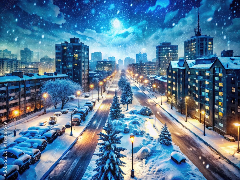 Fototapeta premium Night photography backdrop: A snowy urban landscape in navy camouflage, military-inspired brushstrokes evoke winter's chill.