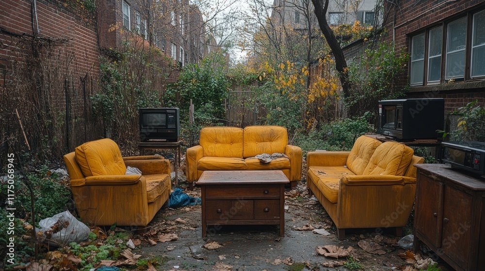 Abandoned yellow sofas alleyway urban decay autumn Abandoned yellow sofas alleyway urban decay autumn