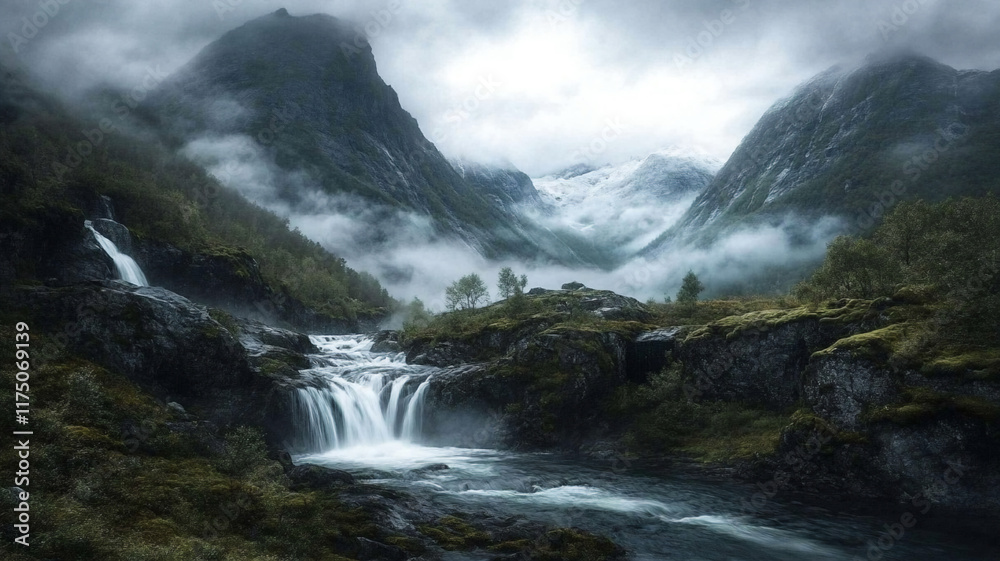 Dreamlike mountain range with cascading rivers in a serene setting Dreamlike mountain range with cascading rivers in a serene setting